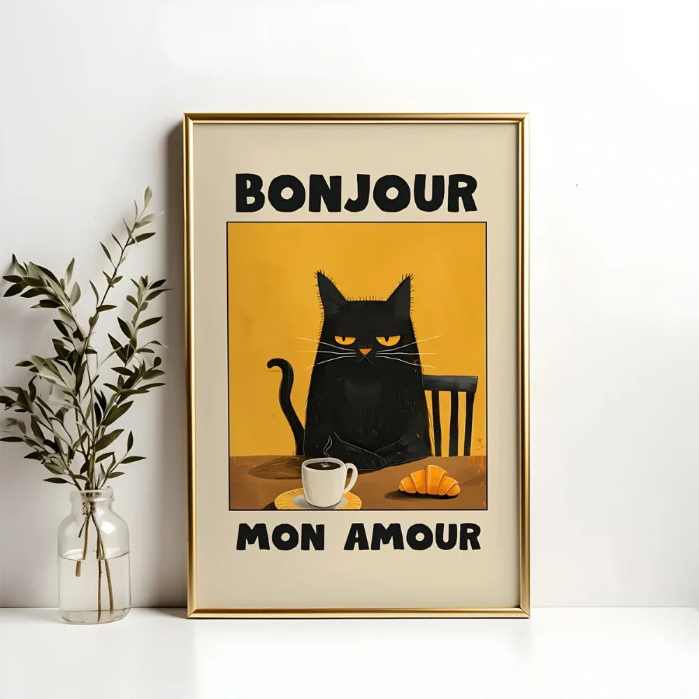 1pc Frameless Black Cat Breakfast Art Poster Retro Style Bonjour Canvas Painting for Dining Room or Bedroom Wall  Art Decoration