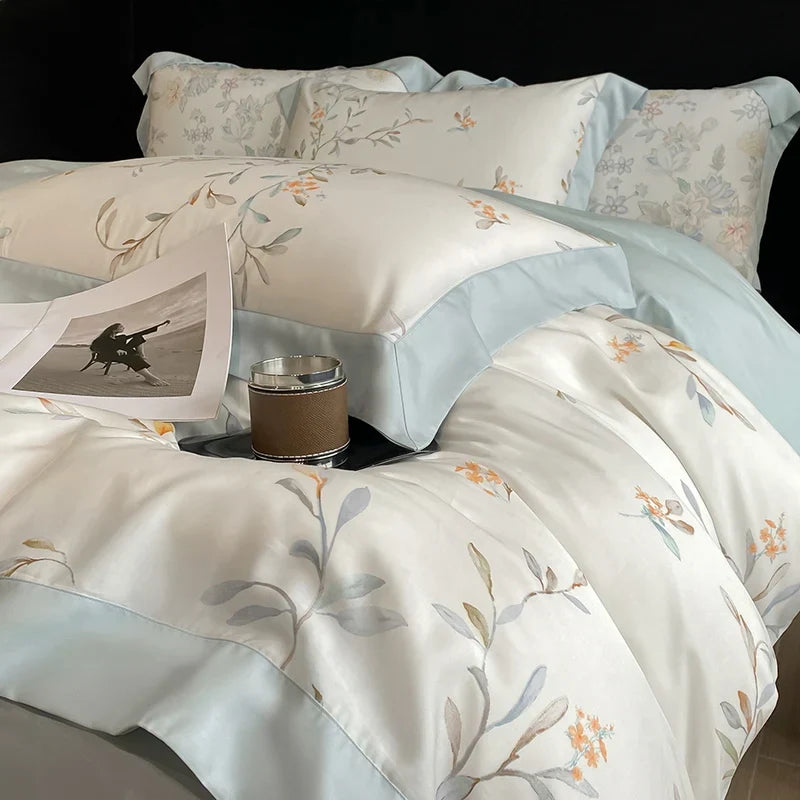Decorbites™ Bettwäsche-Set aus Eukalyptusfasern Blumenmuster: Bettbezug, Bettlaken, Kissenbezug – 4 Teile