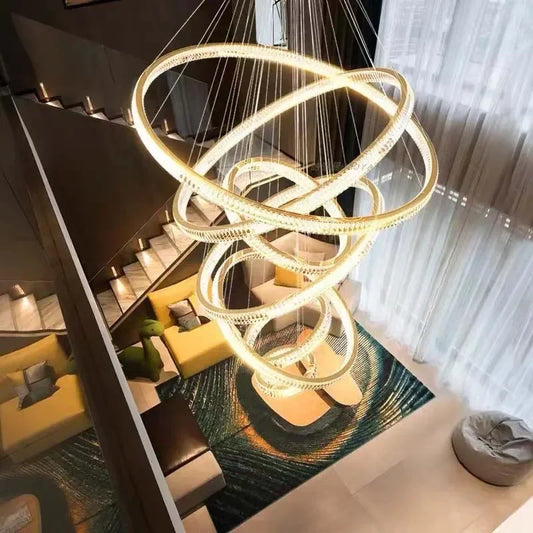 Decorbites™ Goldring-LED-Kronleuchter: Moderne lange Pendelleuchte für Villen-Treppenhäuser
