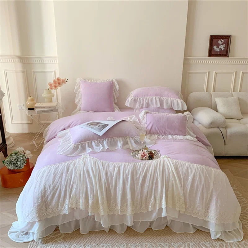 DecorBites™ French Princess Velvet Bedding Set, Queen Size with Lace Ruffles