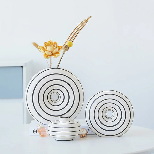 Decorbites™ Geometrische Streifen Keramikvase mit runden Ausschnitten für die Raumdekoration
