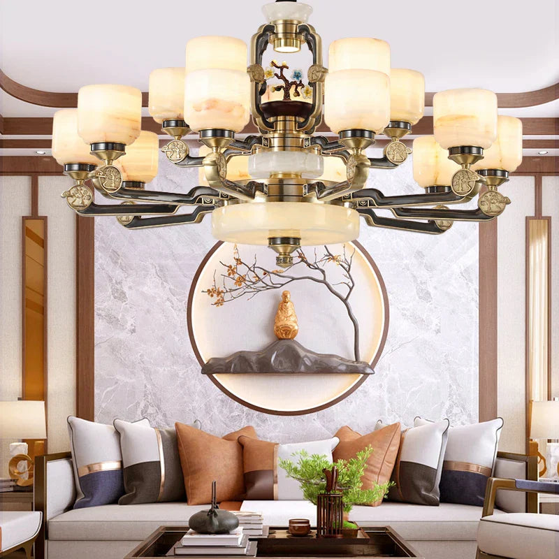 DecorBites™ Copper Jade Duplex Chandelier: Chinese Villa Hall Lighting for Hotel Lobby & Living Room