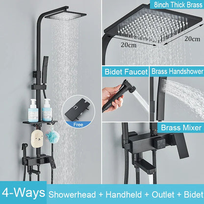Decorbites™ Schwarzes Messing-Duscharmatur-Set Regendusche Badewannenarmatur mit Badezimmerregal