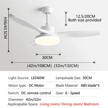 DecorBites™ 52" DC Ceiling Fan with 3 ABS Blades and 60W LED Light, Remote Control