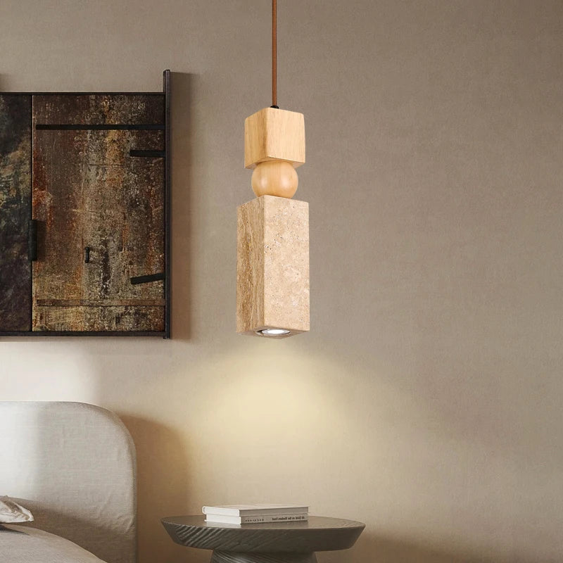 DecorBites™ Cuboid Stone LED Pendant Lights Wood Yellow Travertine Interior Lighting Hanging Lamp