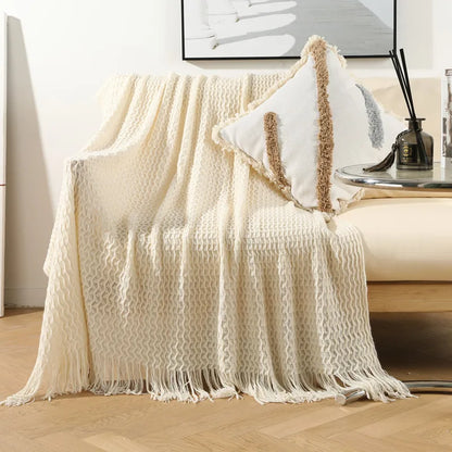 Decorbites™ Geometrische Strick-Sofadecke mit Troddel - Staubdichter Bettüberwurf und Freizeitwurfdecke