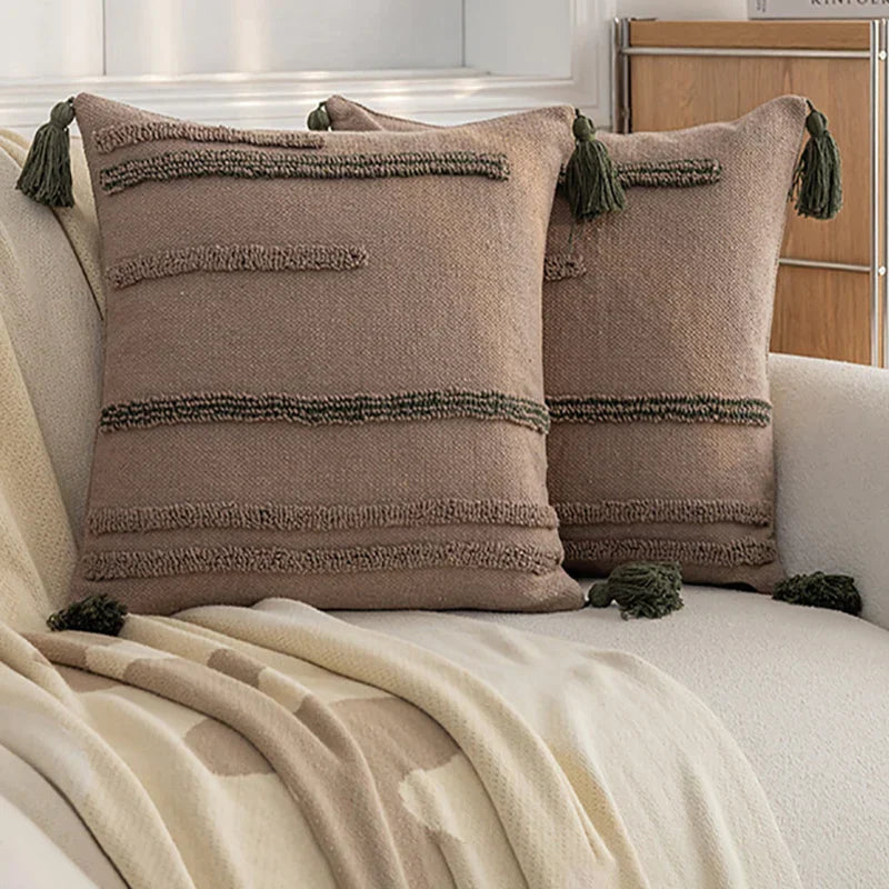 Decorbites™ Grüner Kaffee Geometrisches Tuft-Fransen Kissenbezug - Modern Minimalistischer Bestickter Bezug
