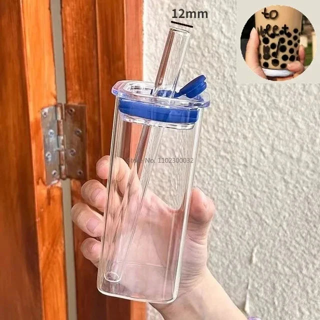 Decorbites™ hitzebeständiger Glasbecher mit Deckel und Trinkhalm für Kaffee, Milch, Tee, Saft