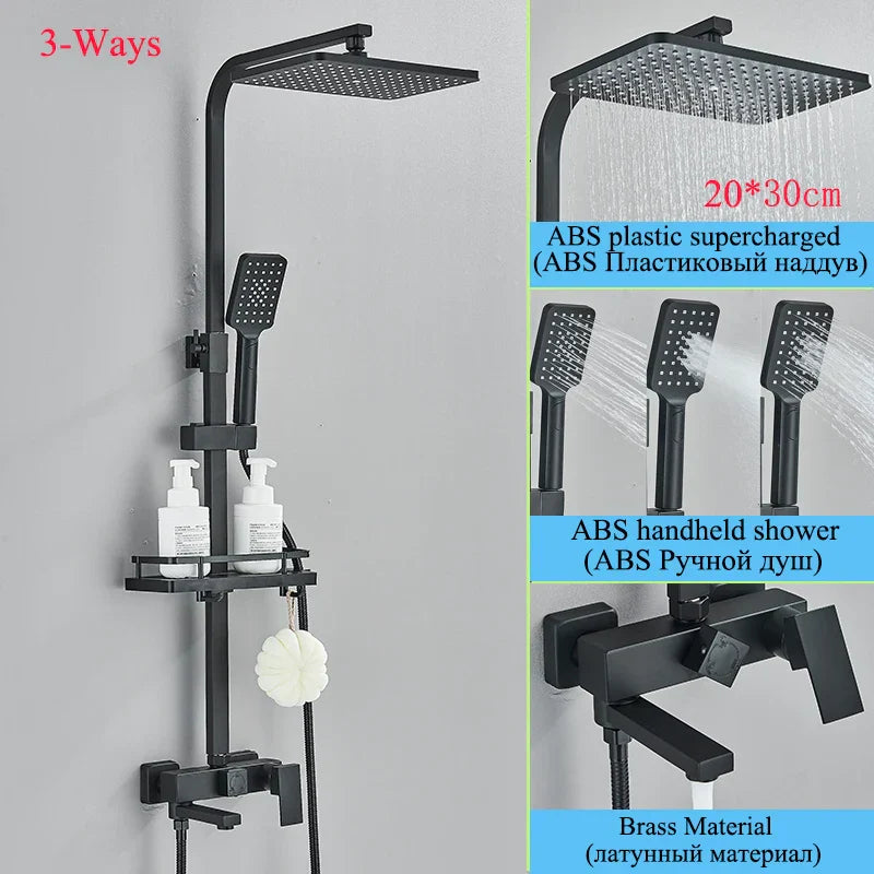 Decorbites™ Schwarze Messing-Duscharmatur-Set mit drehbarem Badewannen-Auslauf und Regendusche-Säule