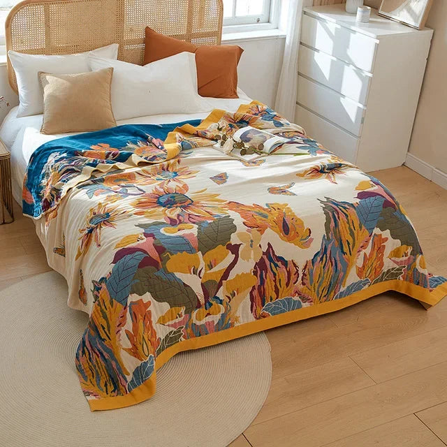 DecorBites™ Japanese Cotton Gauze Flower Blanket: Soft and Breathable Summer Throw