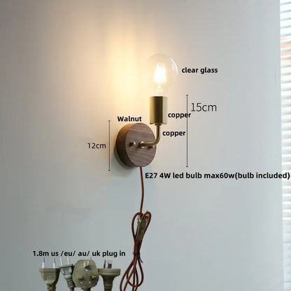 DecorBites™ LED Walnut Wood Wall Light Fixture Clear Glass Sconce Bedside Lamp