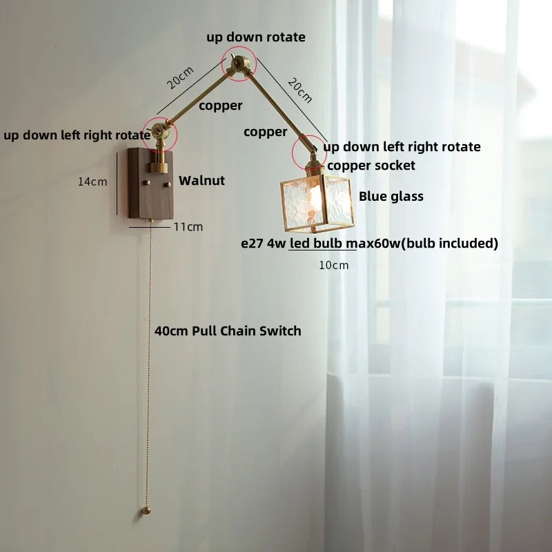 Decorbites™ LED-Wandlampe drehbar Glas Walnuss Schwingarme Flur Treppenlicht