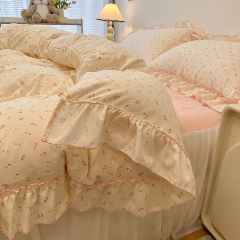 Decorbites™ Koreanische Prinzessin Blumenmuster-Bettwäsche-Set aus gewaschener Baumwolle für Mädchen