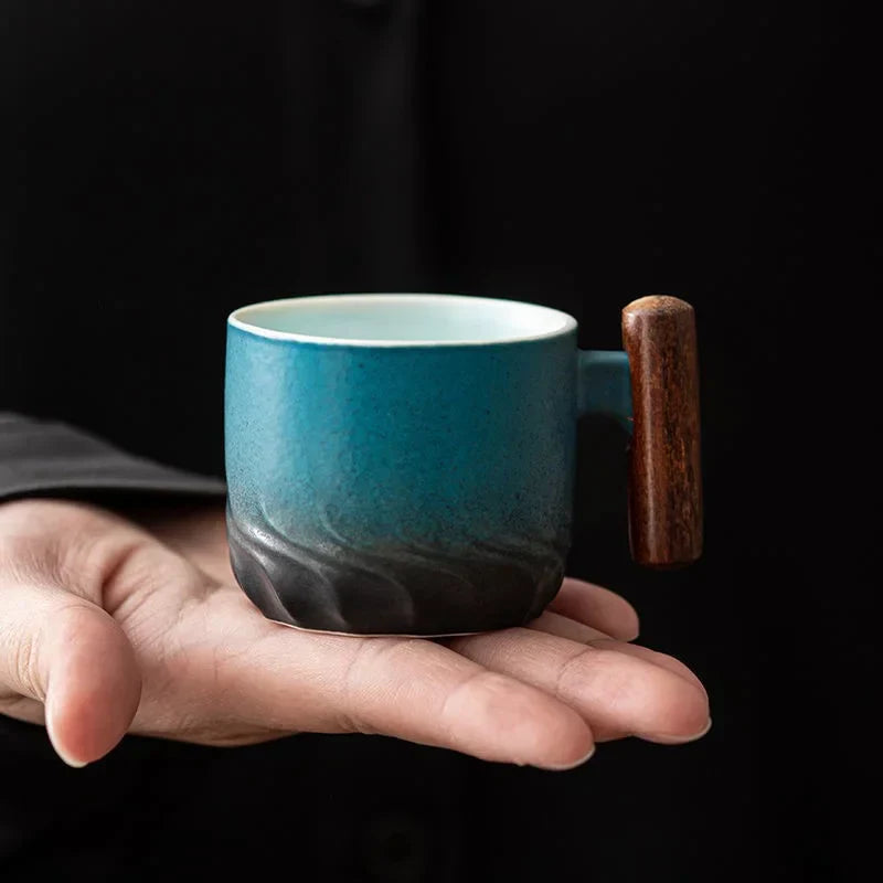 Decorbites™ Gradient-Glasur-Keramik-Kaffeetasse mit Holzeingriff für Zuhause und Büro