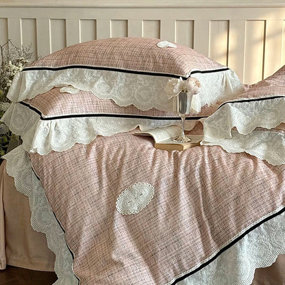 Decorbites™ Französische Spitzen-Volants-Gitter-Bettwäsche-Set 1000TC Ägyptische Baumwolle Daunenbettdecke Bezug Laken Kissen