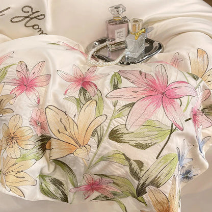 Decorbites™ Blumen-Stickerei Seidenbettwäsche-Set mit Steppdeckenbezug und Spannbettlaken