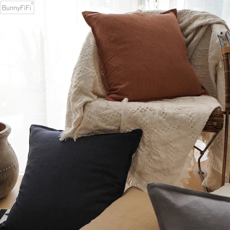 DecorBites™ Linen Pillow Cover 45x45cm Plain Fringed for Home Sofa Bed Decoration