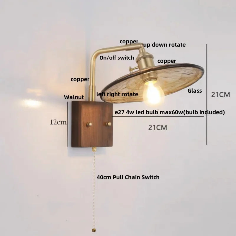 Decorbites™ LED-Wandleuchte aus Walnussholz, drehbar, Kupfer-Nachttischlampe