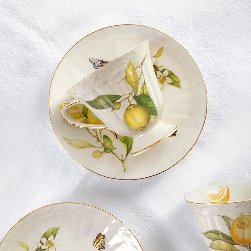 DecorBites™ Gold Edge Cup & Saucer Set: Lemon Teapot, Coffee Mug, Ceramic Plates & Drinkware