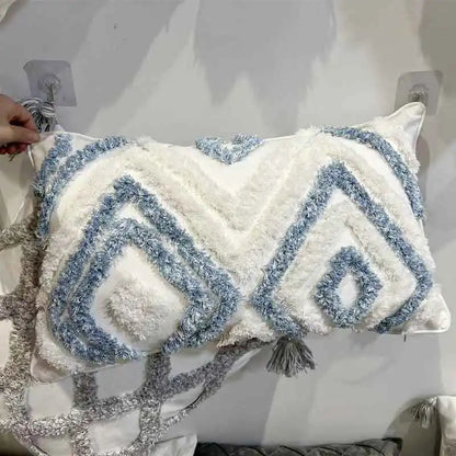 DecorBites™ Geometric Diamond Tufted Embroidery Pillowcases - Blue & White Fringed, 45x45/30x50cm