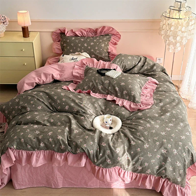 Decorbites™ Französisches Blumen-Motiv Baumwoll-Bettwäsche-Set mit großen Spitzenvolants, Frische Blumen