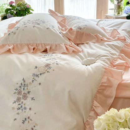 Decorbites™ Koreanische Prinzessin Spitzen-Volants-Blumen-Stickerei-Bettwäsche-Set mit 100% Baumwollqualität.