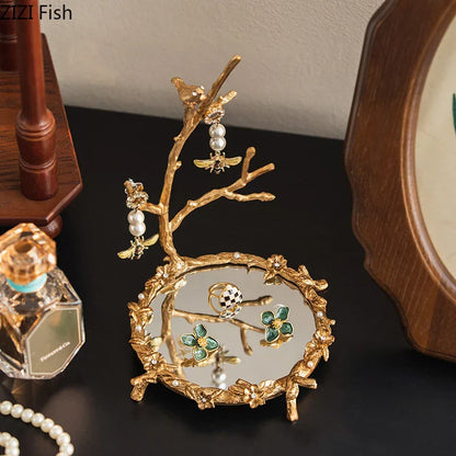 DecorBites™ Golden Glass Tray Branch Storage Cosmetics Organizer Jewelry Display Plate
