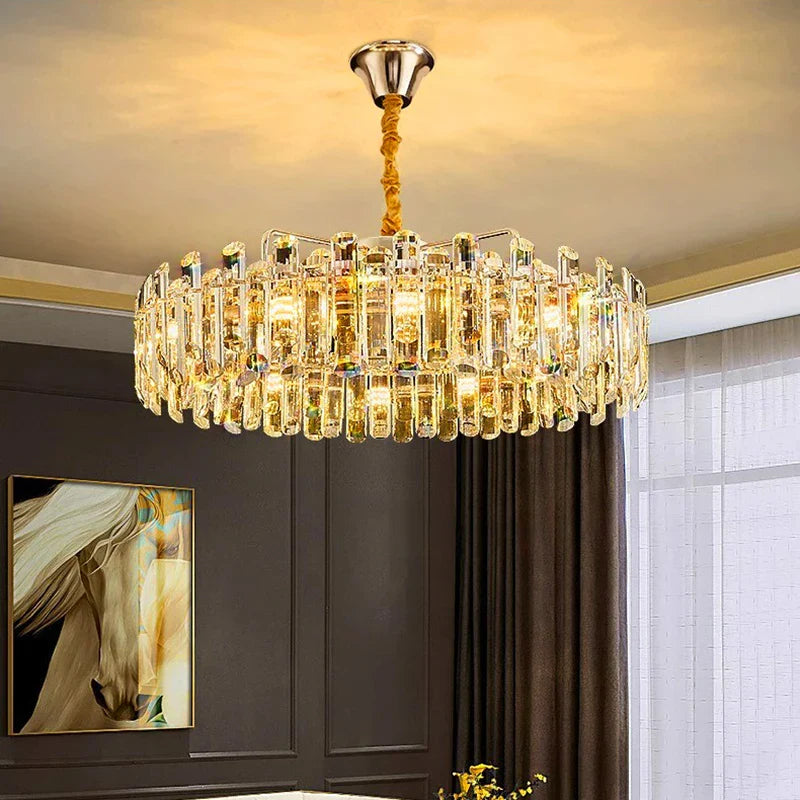 DecorBites™ crystal chandelier pendant light with clear and amber glass prisms in circular metallic frame for living room lighting