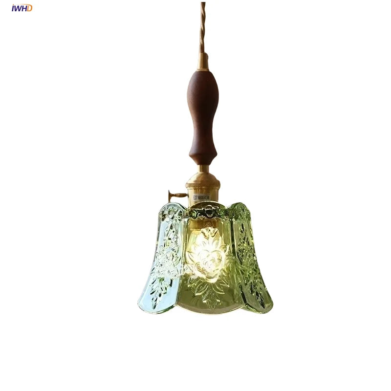 Decorbites™ Grüne Glas LED Hängelampe | Modern Nordisch Holz Walnuss | Messingknopf-Schalter | Hängelicht