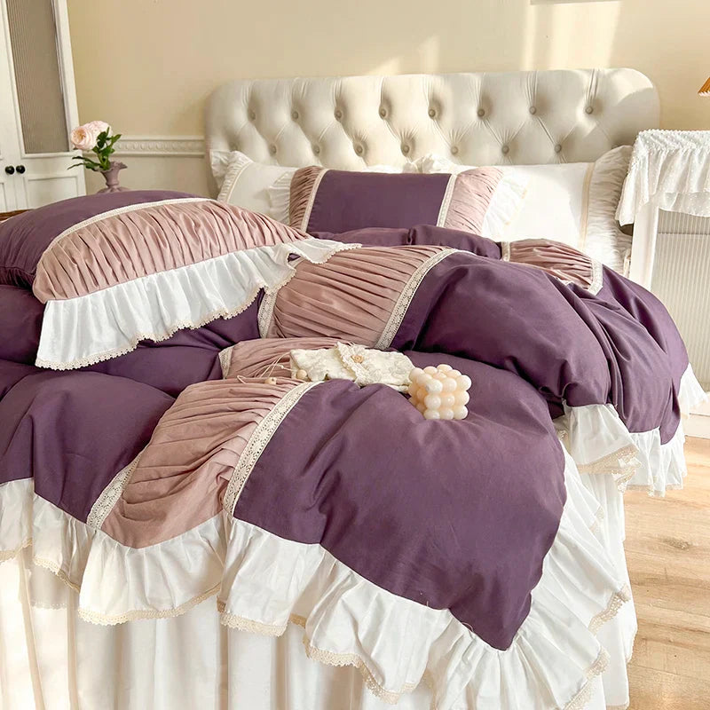 Decorbites™ Koreanische Prinzessinnen-Stil Baumwoll-Bettwäsche-Set mit Plissevolants und weichem Steppbettbezug