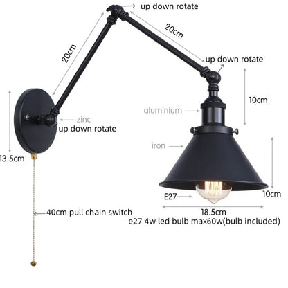 Decorbites™ Industrielles Loft-LED-Wandleuchte Schwarz Vintage Schwingarm-Spiegel-Licht