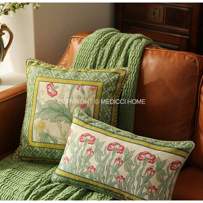 Decorbites™ Französisches Leinen Flachs Lendenkissenbezug Blumen Vögel Druck, Feengrün