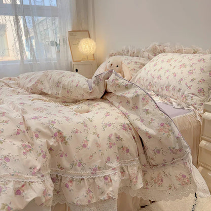 Decorbites™ Koreanische Prinzessin-Stil Blumen-Spitzen-Volants-Bettwäsche-Set mit Kissenbezug
