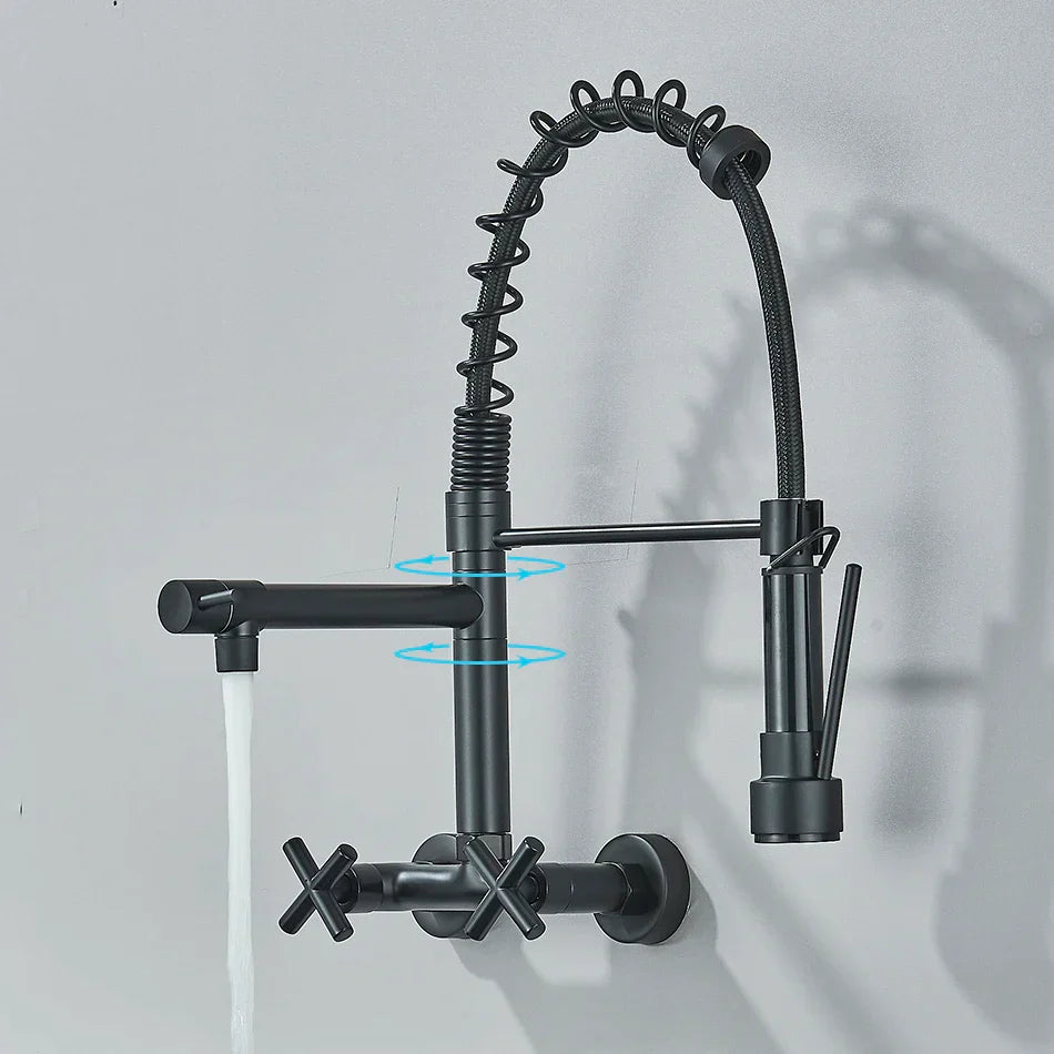 Gold Black Wall Faucet With Dual Swivel Spouts