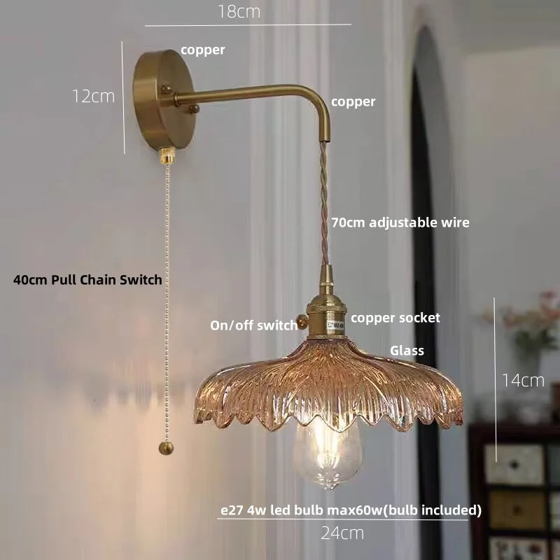 Decorbites™ Amber Vintage LED Wandlampe Glas Kupfer Zugschalter für Schlafzimmer