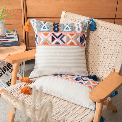 DecorBites™ Geometric Embroidered Cushion Cover with Tassels for Home Decor