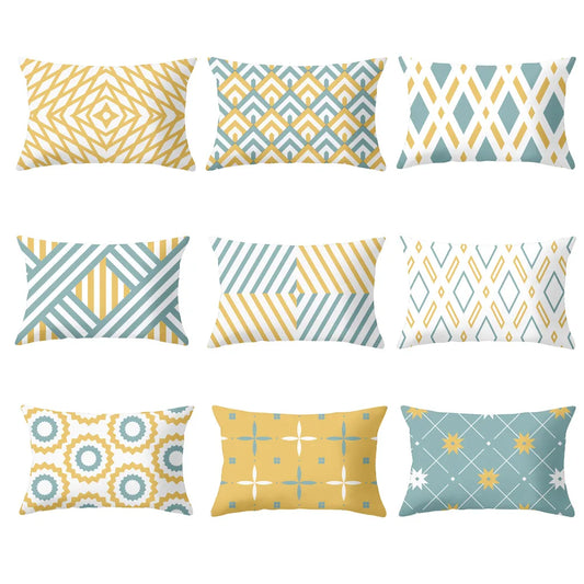 Decorbites™ Geometrisches Gestreiftes Gebogenes Rechteck Kissenbezug - Gelb Blau Sofa Dekokissen