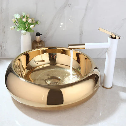 DecorBites™ Golden Plated Round Ceramic Luxury Bath Mixer Set with Brass Faucet & Pop Drain