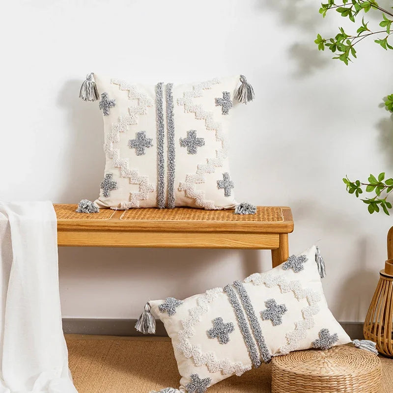 DecorBites™ Geometric Tufted Tassel Cushion Cover White Grey Bohemian Decor Pillow Cover