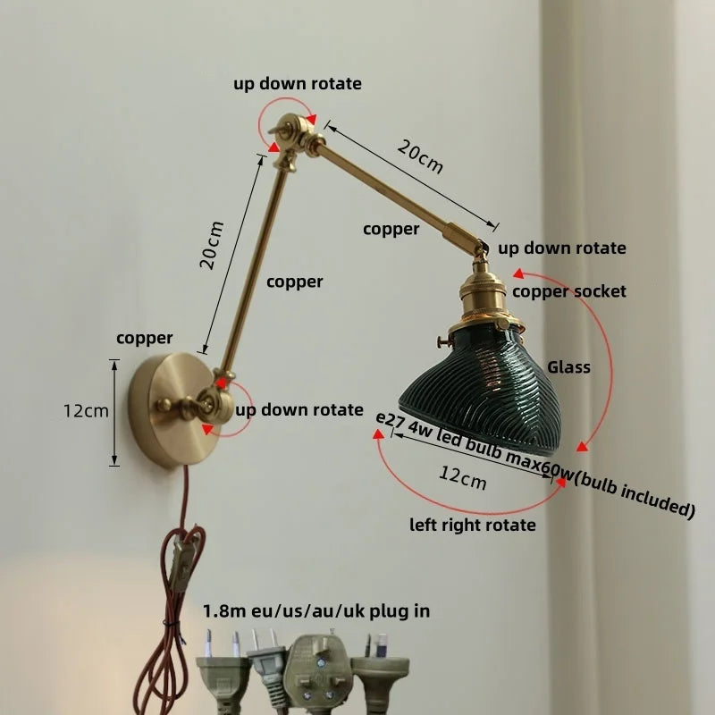 Decorbites™ Glas Grünes LED Wandlampenarmatur Vintage Grüner Schwingarm-Wandleuchte