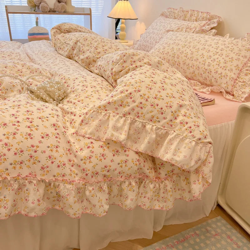 Decorbites™ Koreanische Prinzessin Blumenmuster-Bettwäsche-Set aus gewaschener Baumwolle für Mädchen