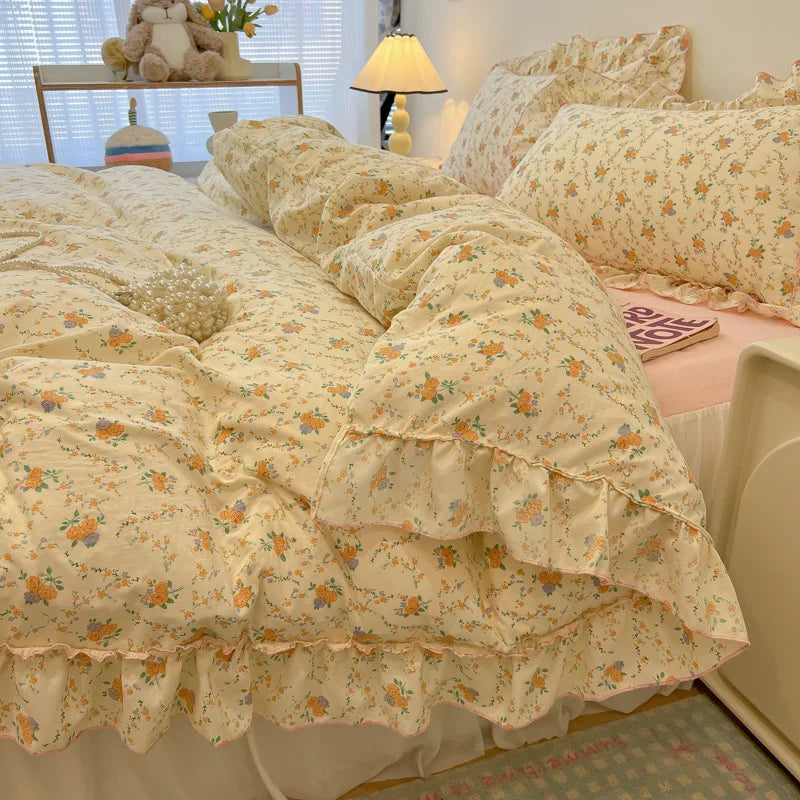 Decorbites™ Koreanische Prinzessin Blumenmuster-Bettwäsche-Set aus gewaschener Baumwolle für Mädchen
