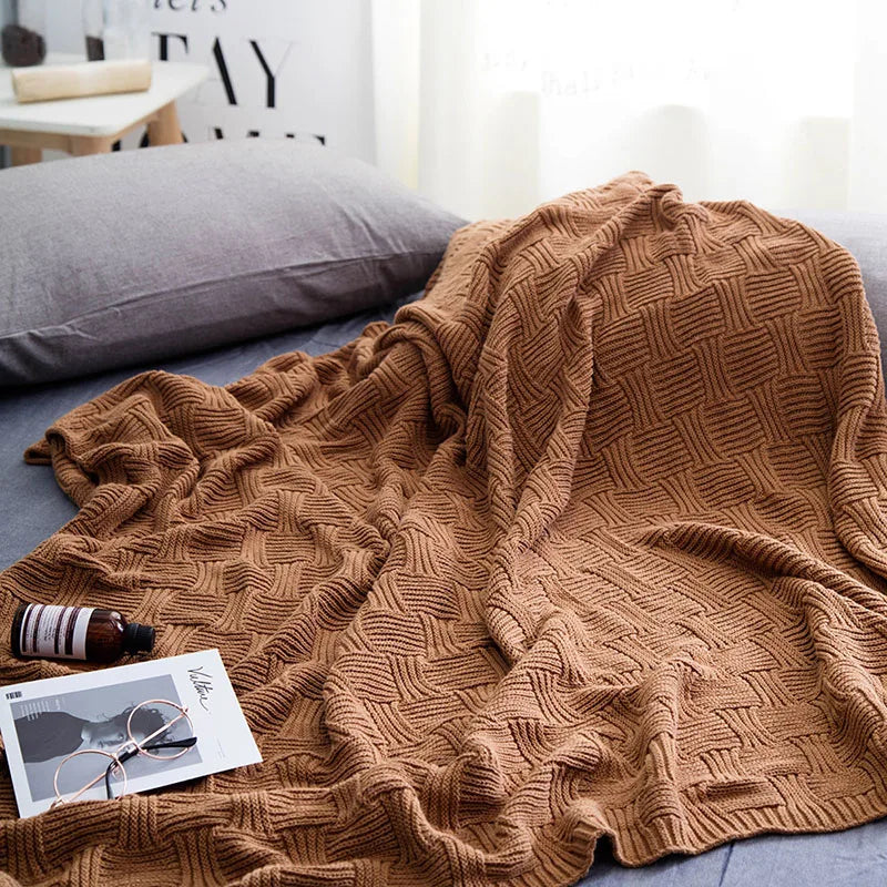 DecorBites™ Cozy Jacquard Blanket: 100% Cotton Solid Color Knitted Shawl for Office or Home