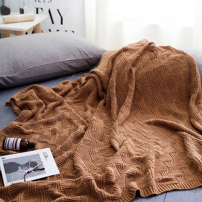 DecorBites™ Cozy Jacquard Blanket: 100% Cotton Solid Color Knitted Shawl for Office or Home