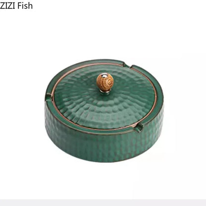 Decorbites™ Grüne Keramik-Aschenbecher mit Deckel - Winddicht mit Hammer-Muster - Raucherzubehör