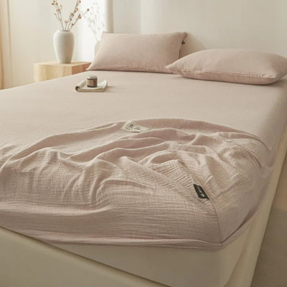 DecorBites™ Cotton Fitted Sheet: Wrinkled Yarn, Nordic Comfort, All Seasons Bed Cover