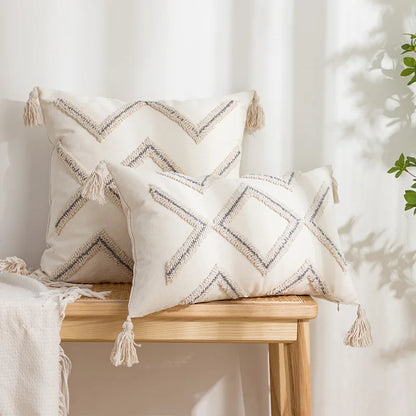 DecorBites™ Geometric Embroidery Tassel Cushion Cover - Grey White Simple Loop Tufted Pillow
