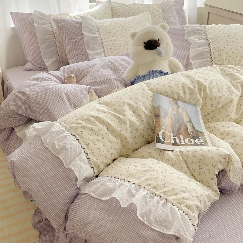 Decorbites™ Baumwoll-Bettwäsche-Set Kleine Blumenmuster Prinzessin - Queensize - Daunendeckelbezug Bettlaken Bettrock Kissenbezüge