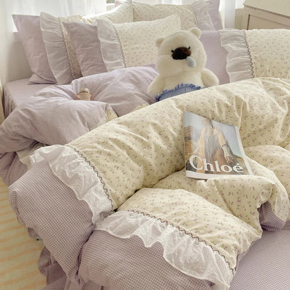 Decorbites™ Baumwoll-Bettwäsche-Set Kleine Blumenmuster Prinzessin - Queensize - Daunendeckelbezug Bettlaken Bettrock Kissenbezüge