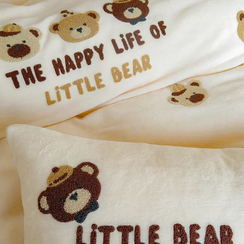 DecorBites™ Embroidered Fleece Winter Bedding Set: Duvet Cover, Sheet, Quilt, Pillowcases